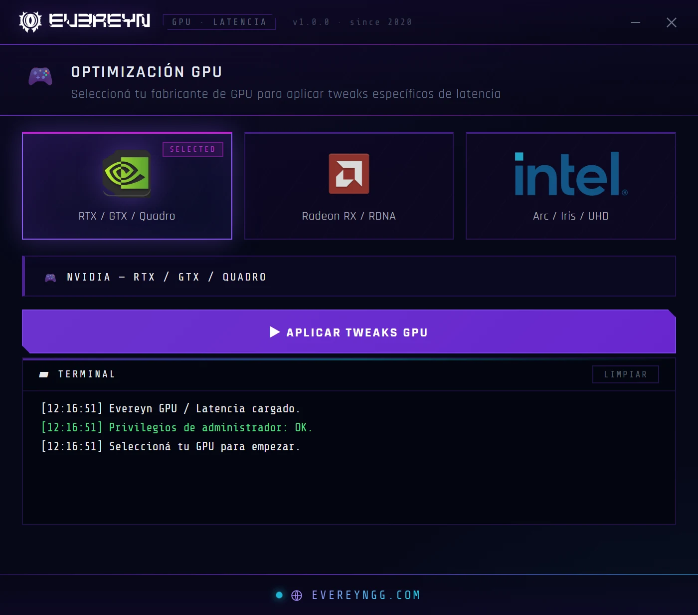Evereyn GPU / Latency: main screen with the NVIDIA, AMD and Intel cards and NVIDIA selected (Spanish interface)