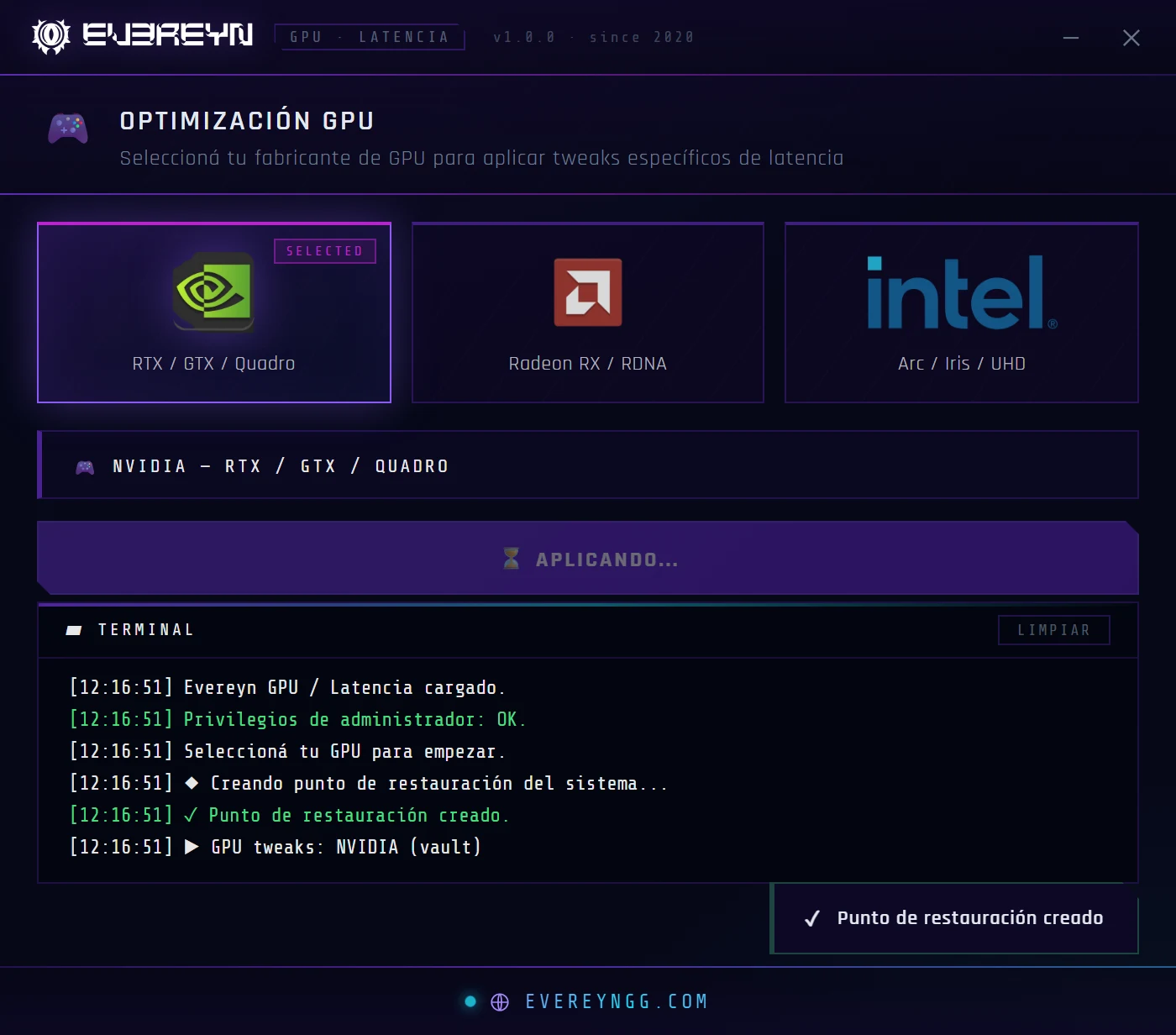 Evereyn GPU / Latency applying tweaks: the terminal shows the system restore point was created