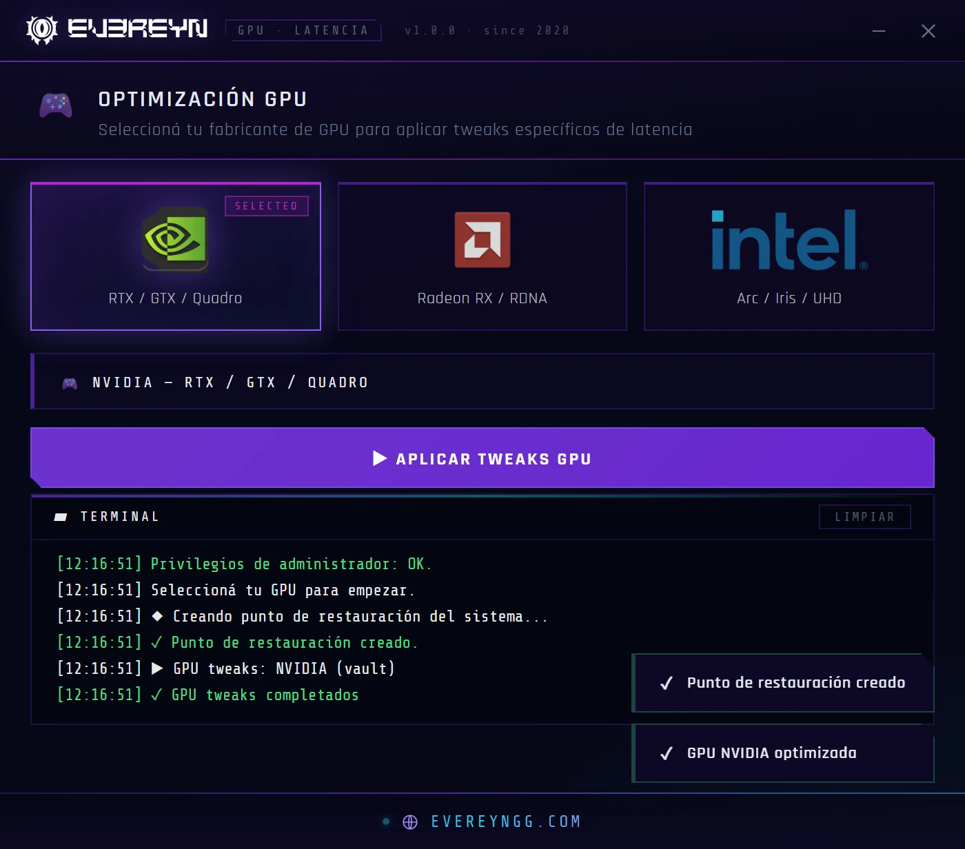 Evereyn GPU / Latency finished: restore point created and NVIDIA GPU optimized notifications